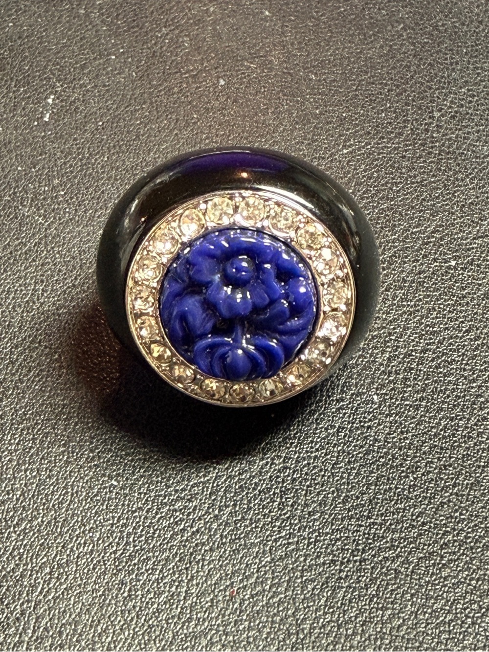 Vintage Kenneth Jay Lane Art Deco Lapis & Rhinstone Black Acrylic Ring Size 8